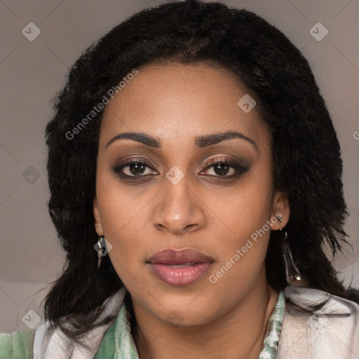 Joyful latino young-adult female with long  black hair and brown eyes