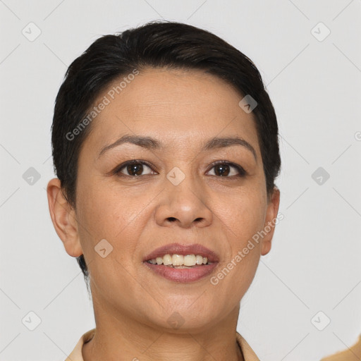 Joyful white adult female with short  brown hair and brown eyes