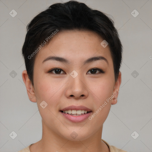 Joyful asian young-adult female with short  brown hair and brown eyes