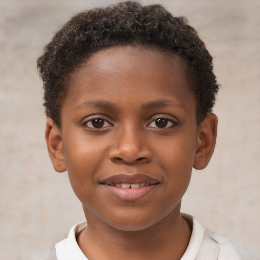 Joyful black child female with short  brown hair and brown eyes