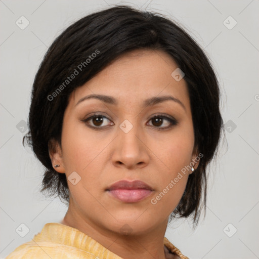 Neutral asian young-adult female with medium  brown hair and brown eyes