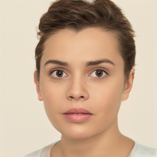 Neutral white young-adult female with short  brown hair and brown eyes