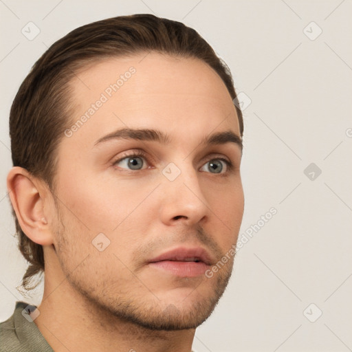 Neutral white young-adult male with short  brown hair and grey eyes