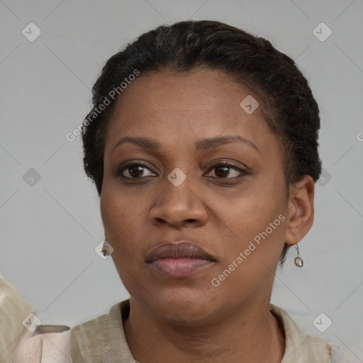 Neutral black adult female with short  brown hair and brown eyes