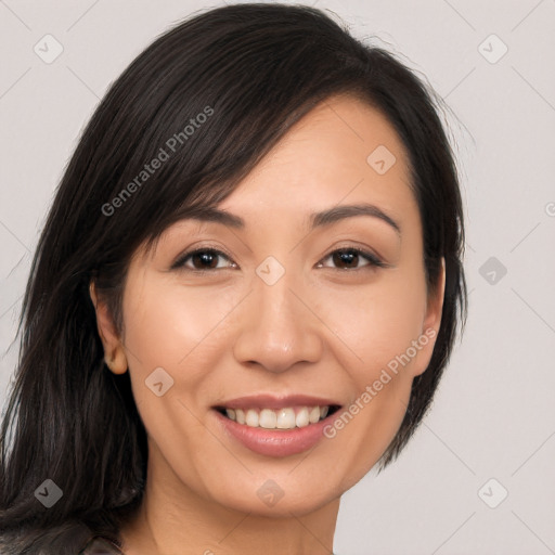 Joyful white young-adult female with long  brown hair and brown eyes