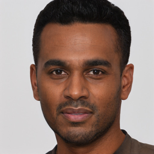 Neutral black young-adult male with short  black hair and brown eyes