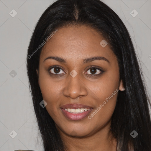 Joyful latino young-adult female with long  brown hair and brown eyes