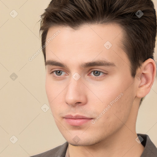 Neutral white young-adult male with short  brown hair and brown eyes