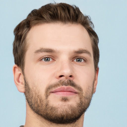 Neutral white young-adult male with short  brown hair and grey eyes