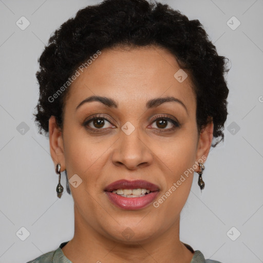 Joyful latino young-adult female with short  brown hair and brown eyes