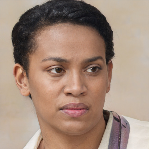 Neutral latino young-adult female with short  brown hair and brown eyes