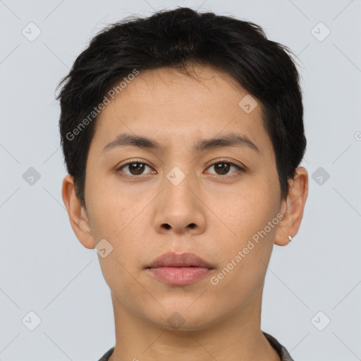 Neutral asian young-adult male with short  brown hair and brown eyes