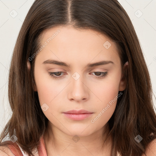 Neutral white young-adult female with long  brown hair and brown eyes