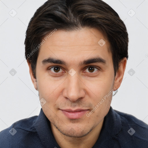 Joyful white young-adult male with short  brown hair and brown eyes