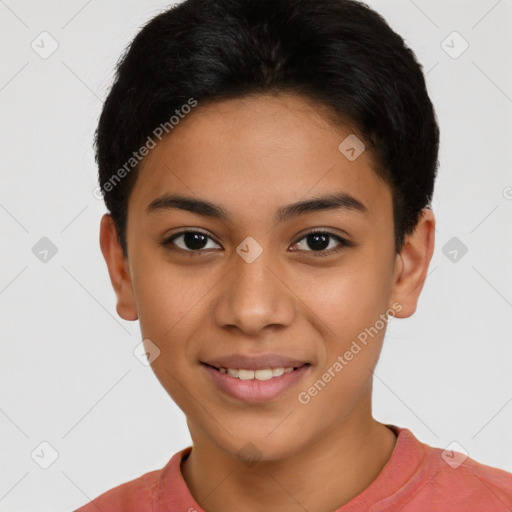 Joyful latino young-adult female with short  brown hair and brown eyes