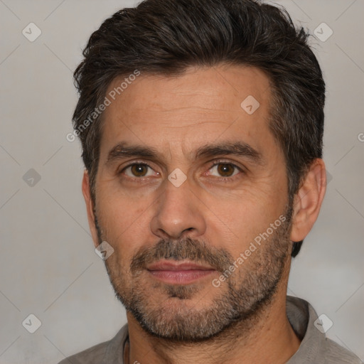 Neutral white adult male with short  brown hair and brown eyes