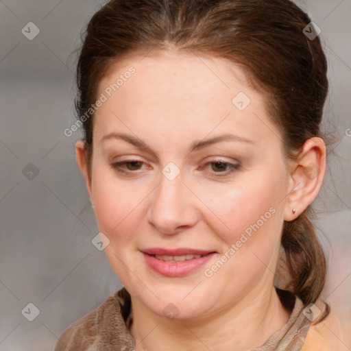 Joyful white young-adult female with medium  brown hair and blue eyes