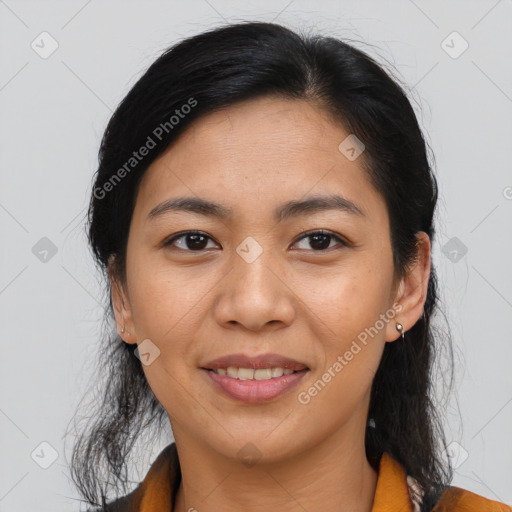 Joyful asian young-adult female with medium  brown hair and brown eyes