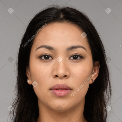 Neutral asian young-adult female with long  brown hair and brown eyes