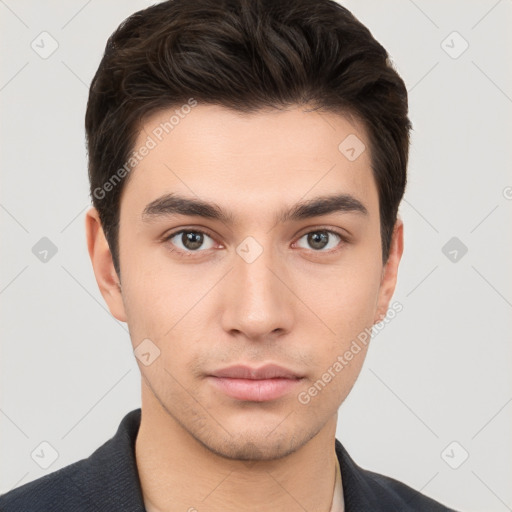 Neutral white young-adult male with short  brown hair and brown eyes