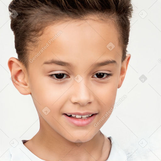 Joyful white child female with short  brown hair and brown eyes