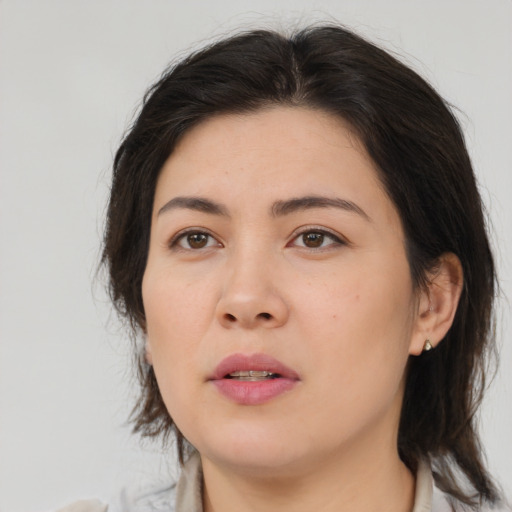 Neutral asian young-adult female with medium  brown hair and brown eyes