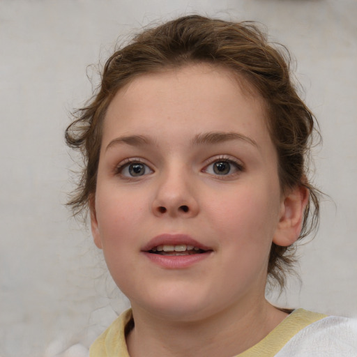 Joyful white child female with medium  brown hair and blue eyes