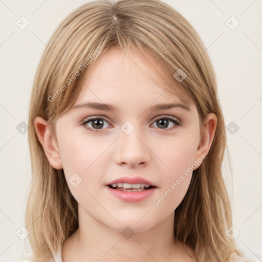 Joyful white child female with medium  brown hair and brown eyes