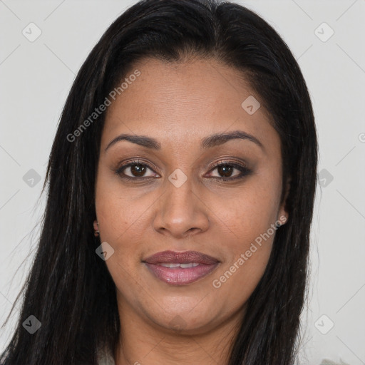 Joyful asian young-adult female with long  brown hair and brown eyes