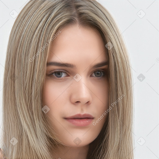 Neutral white young-adult female with long  brown hair and brown eyes