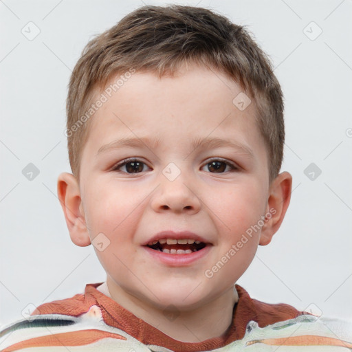 Joyful white child male with short  brown hair and brown eyes