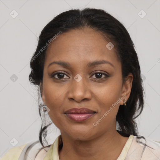 Joyful black young-adult female with medium  brown hair and brown eyes