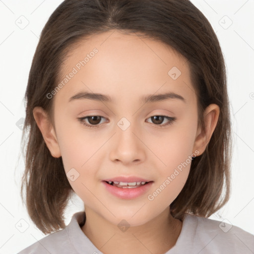 Joyful white child female with medium  brown hair and brown eyes