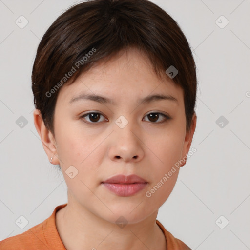 Neutral white young-adult female with short  brown hair and brown eyes