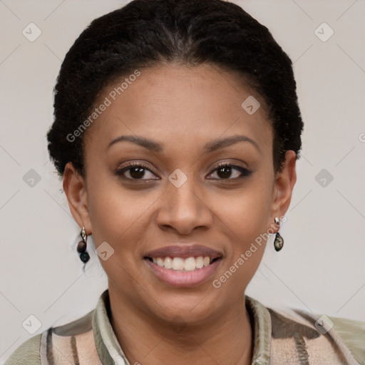 Joyful latino young-adult female with short  brown hair and brown eyes