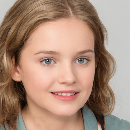 Joyful white child female with medium  brown hair and blue eyes