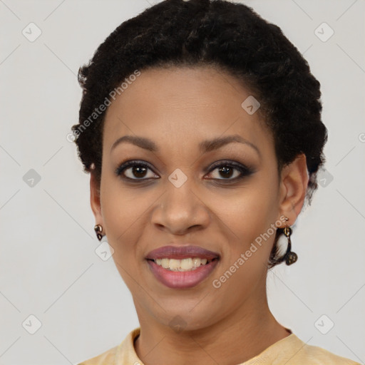 Joyful latino young-adult female with short  black hair and brown eyes