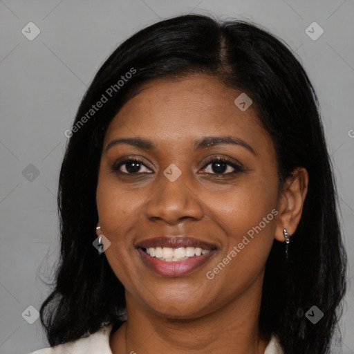 Joyful black young-adult female with medium  black hair and brown eyes