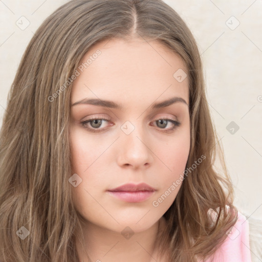 Neutral white young-adult female with long  brown hair and brown eyes