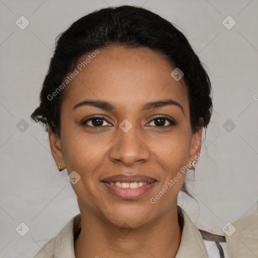 Joyful black young-adult female with short  brown hair and brown eyes