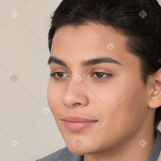 Joyful white young-adult male with medium  brown hair and brown eyes