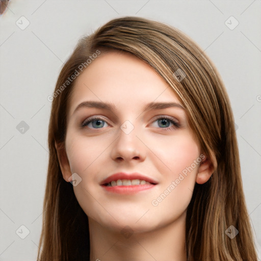 Neutral white young-adult female with long  brown hair and grey eyes