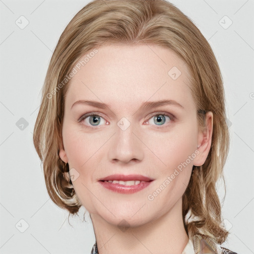 Joyful white young-adult female with medium  brown hair and blue eyes