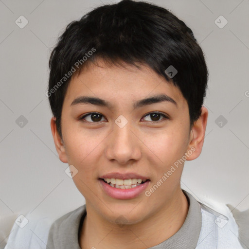 Joyful asian young-adult female with short  black hair and brown eyes