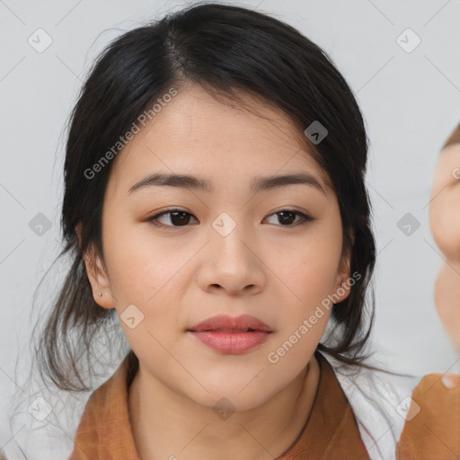 Neutral asian young-adult female with medium  brown hair and brown eyes