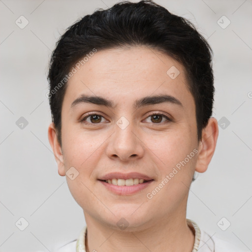 Joyful white young-adult female with short  brown hair and brown eyes