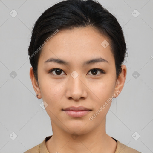 Neutral asian young-adult female with short  brown hair and brown eyes