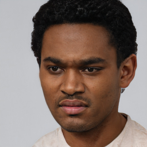 Neutral black young-adult male with short  black hair and brown eyes