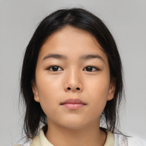 Neutral asian young-adult female with medium  brown hair and brown eyes