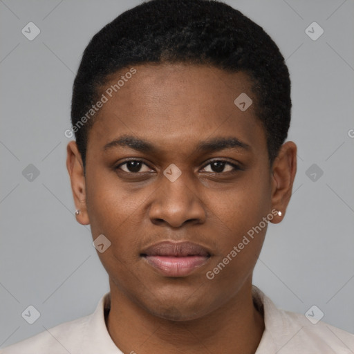 Neutral black young-adult male with short  brown hair and brown eyes